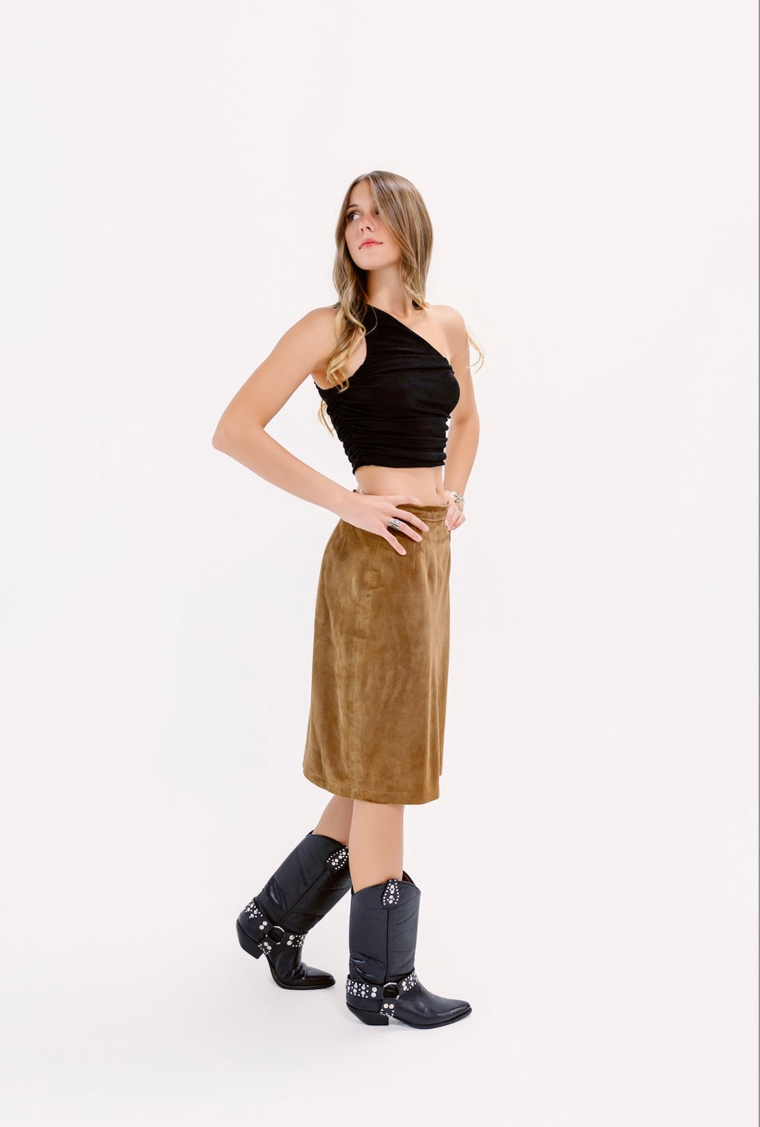 1980s Carlisle Camel Suede Leather Midi Skirt