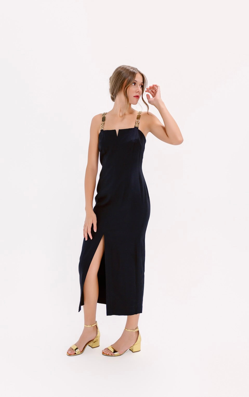 1980's Vintage Gold Goddess Gold Strap Midi Column Dress
