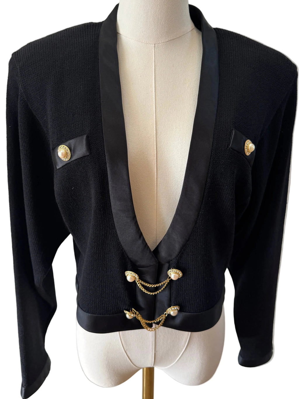 St John Vintage 1980's Satin Trim Crop Jacket and Knit Skirt Set