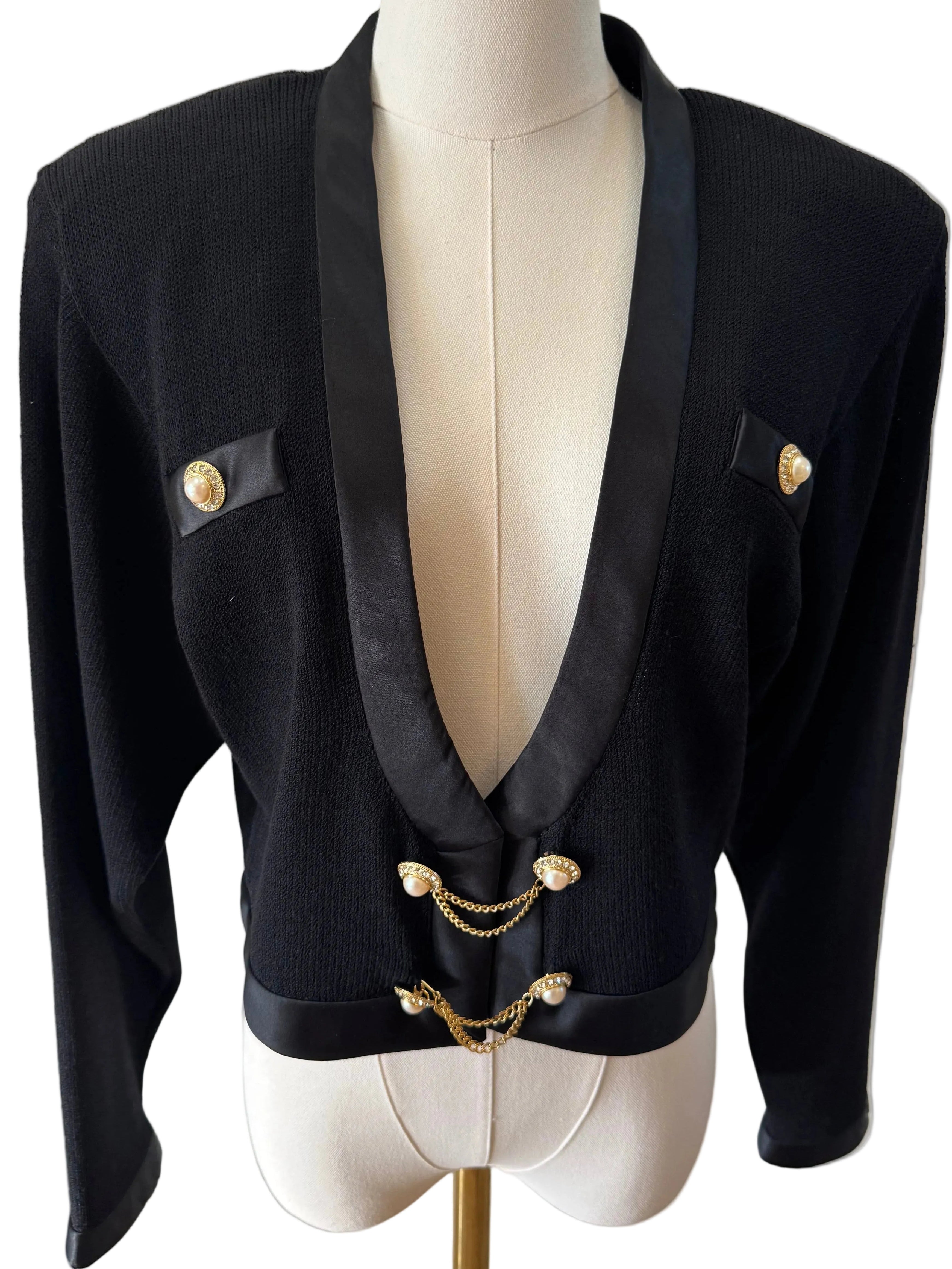 St John Vintage 1980's Satin Trim Crop Jacket and Knit Skirt Set