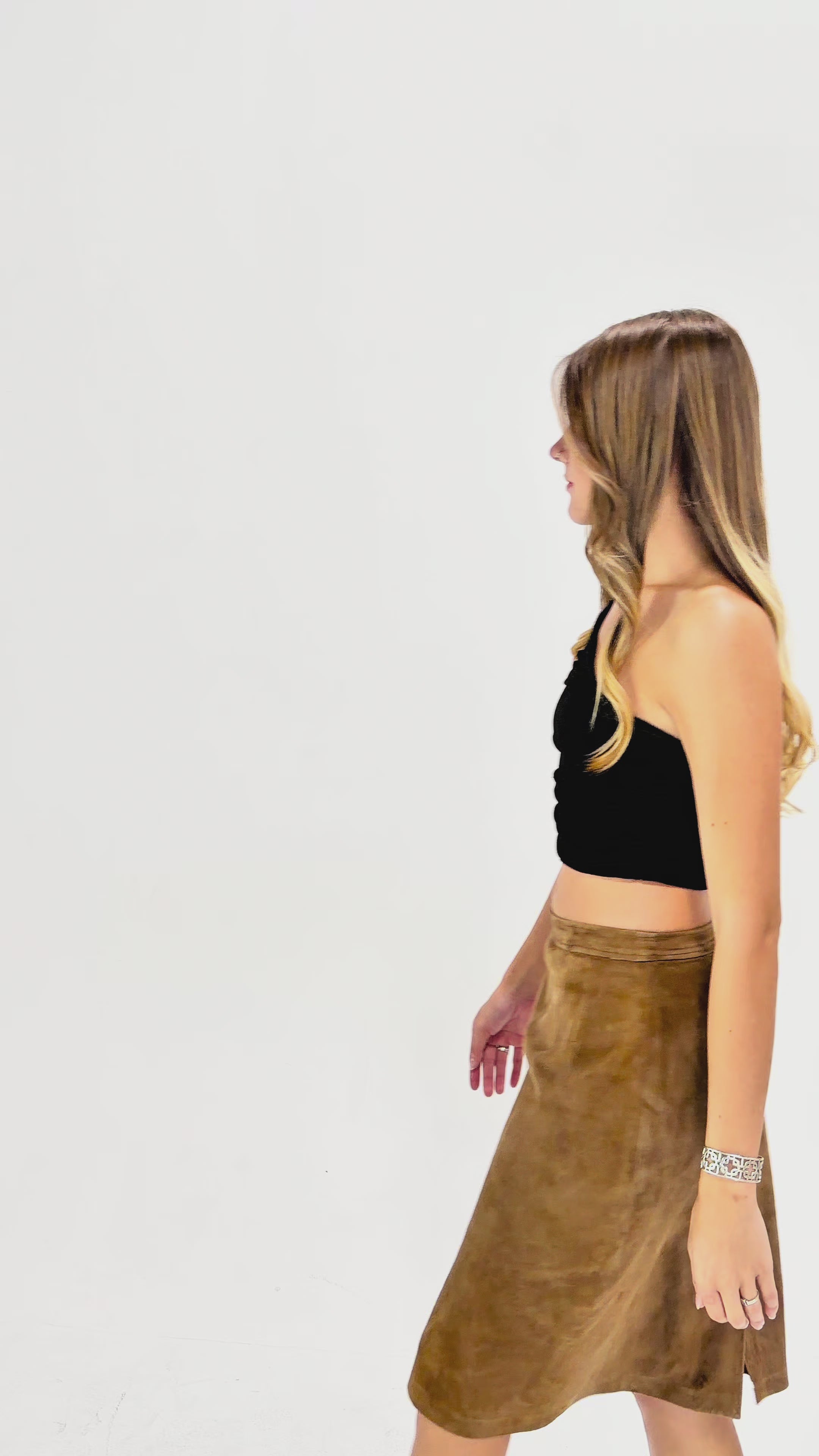 1980s Carlisle Camel Suede Leather Midi Skirt